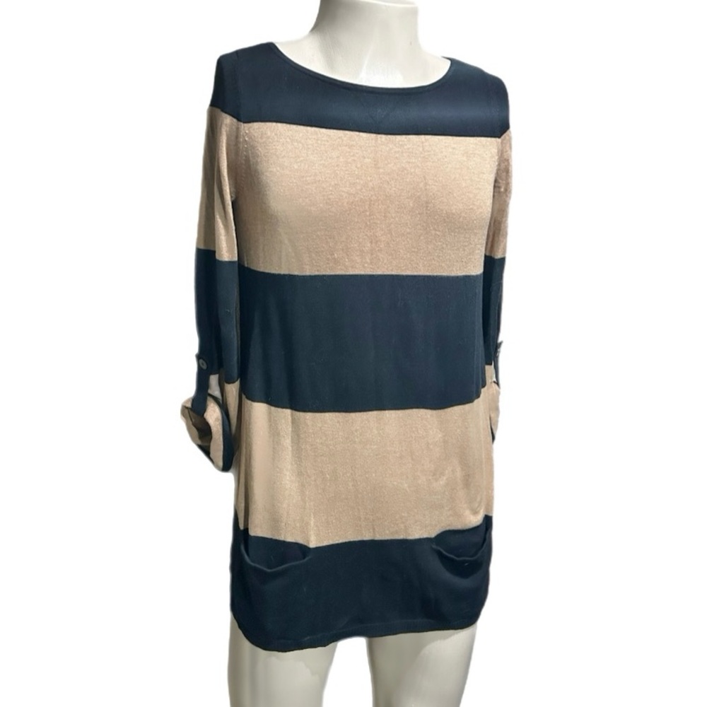 Women’s Caslon Sweater Dress with Pockets in Striped Navy Blue and Tan